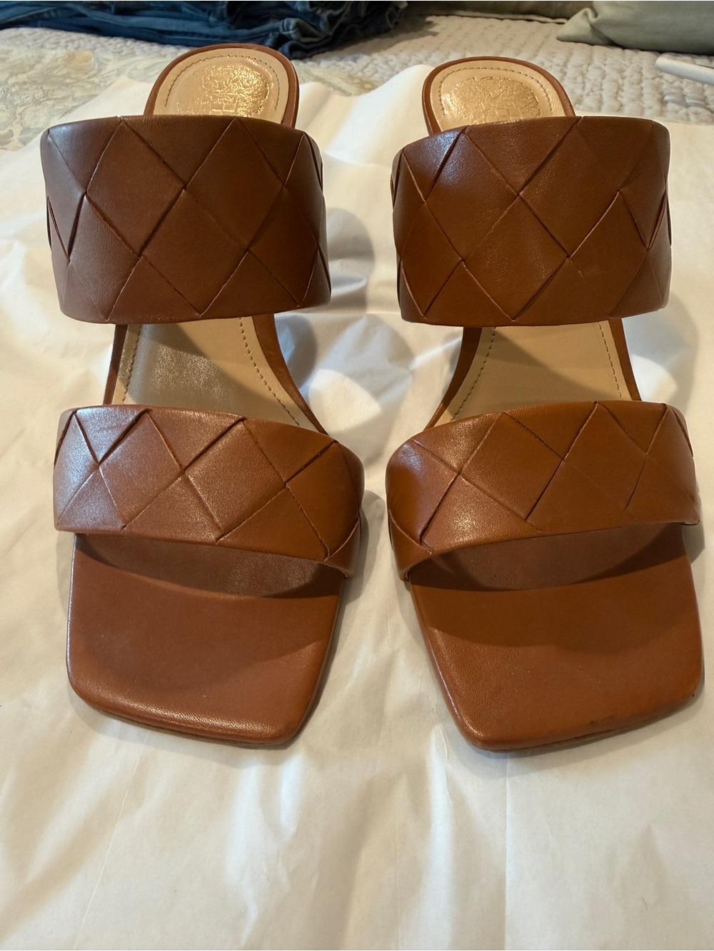 Vince Camuto Candialia Woven Leather Square Toe Sandals Cognac
